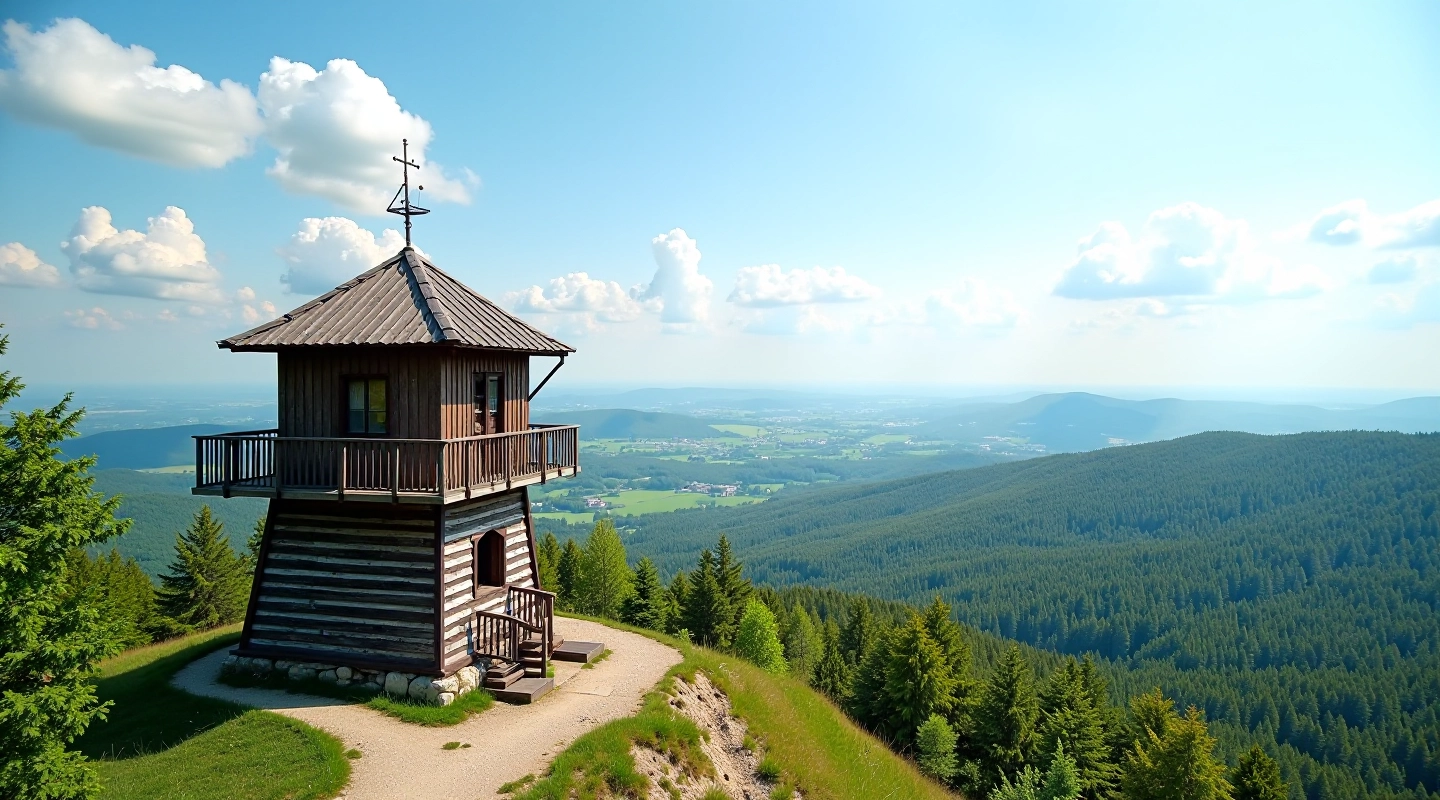 Gaiziņkalna skatu tornis ar plašu panorāmas skatu uz meža un lauku ainavu