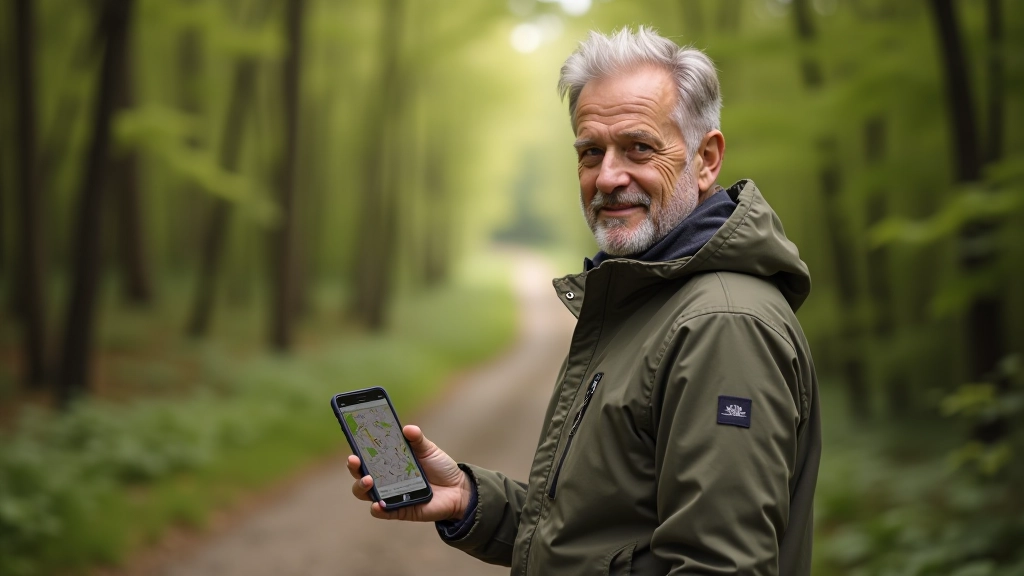 Viedtālruns ar navigācijas lietotni un GPS izsekošanu, rokas ar tālruni takas vidū
