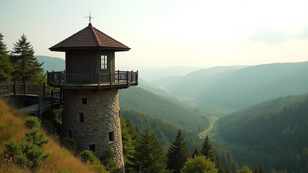 Ērgļu panorāmas skatu tornis ar neskarto dabu un senu architekturālo stilu
